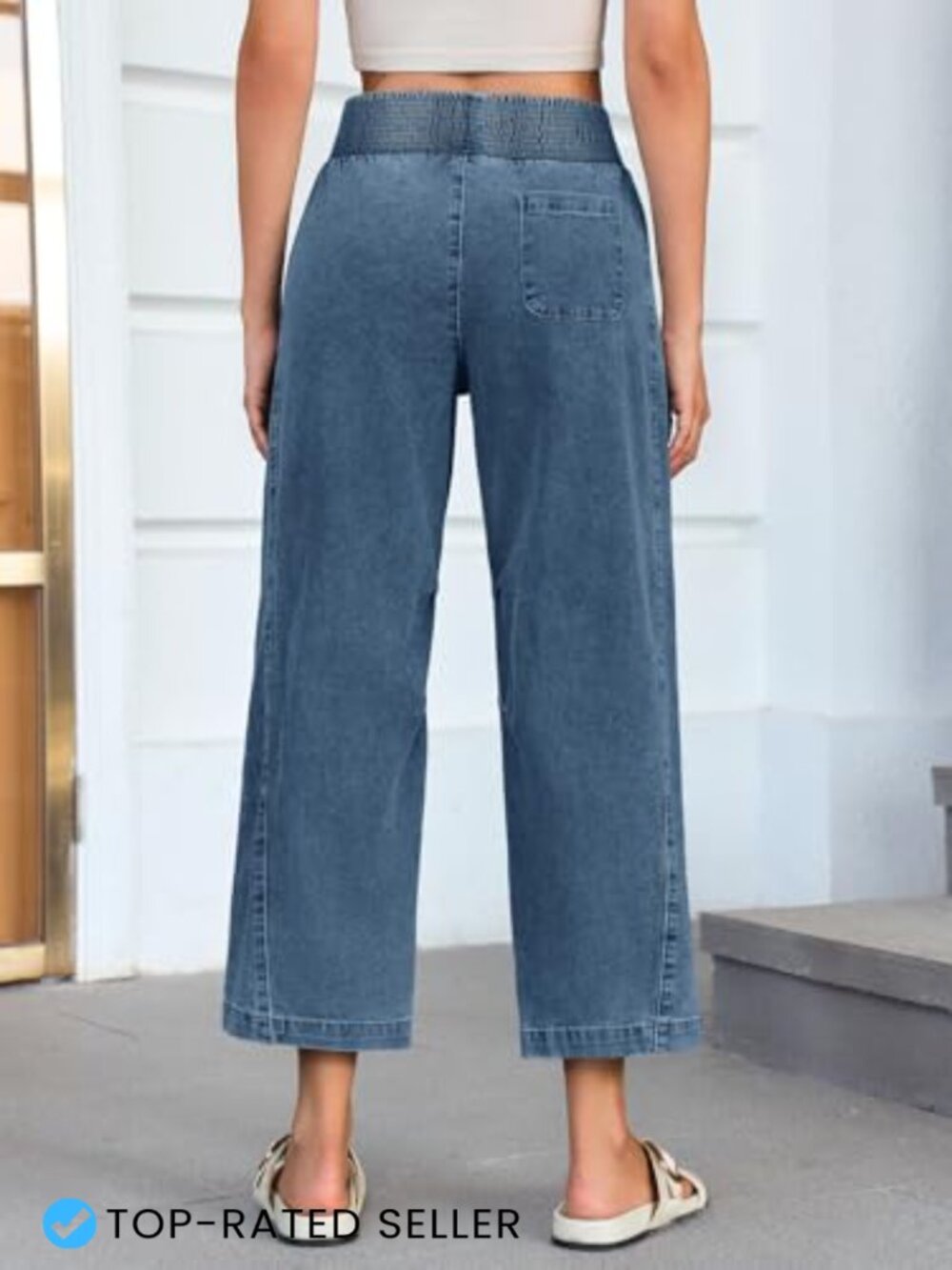 High Waisted Smocked Barrel Jeans Wide Leg Pull On Denim Pants Casual Lounge - Picture 2 of 6